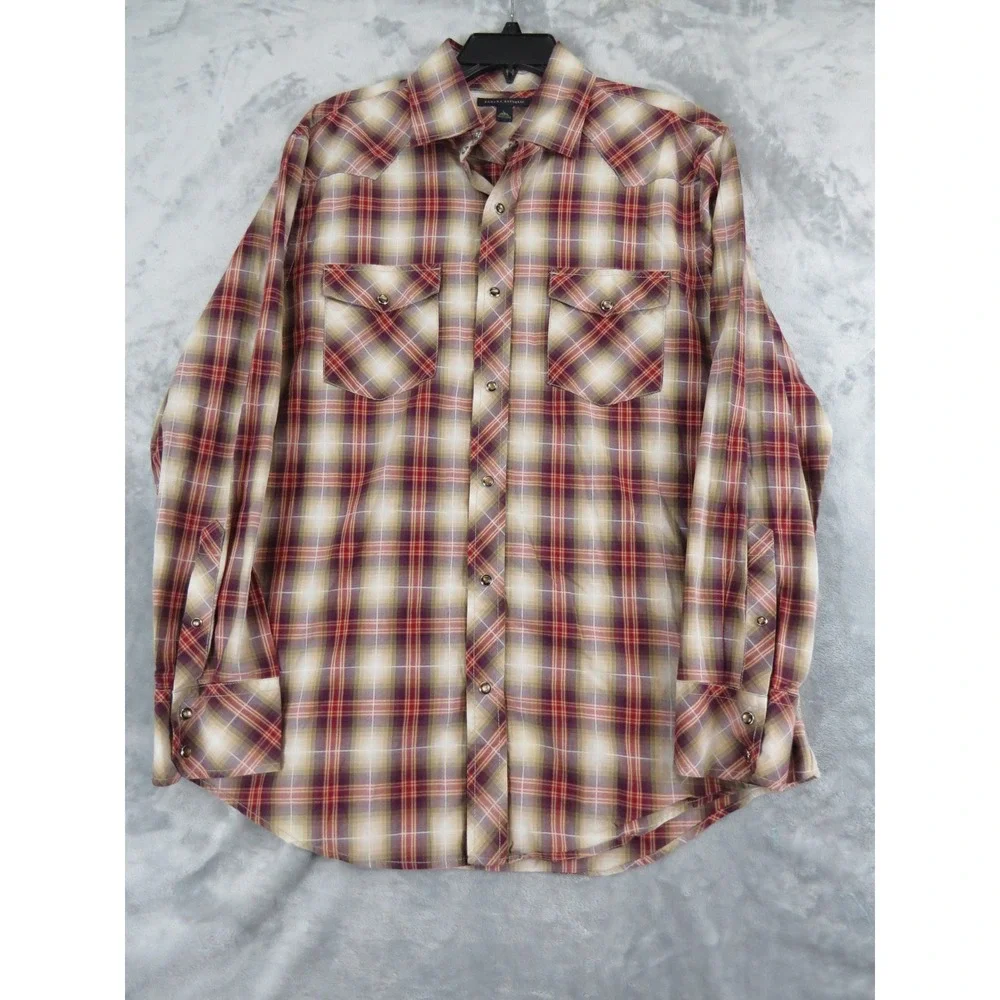Banana‎ Republic Mens L Plaid Western Snap Shirt Ombre Shadow Plaid Cotton